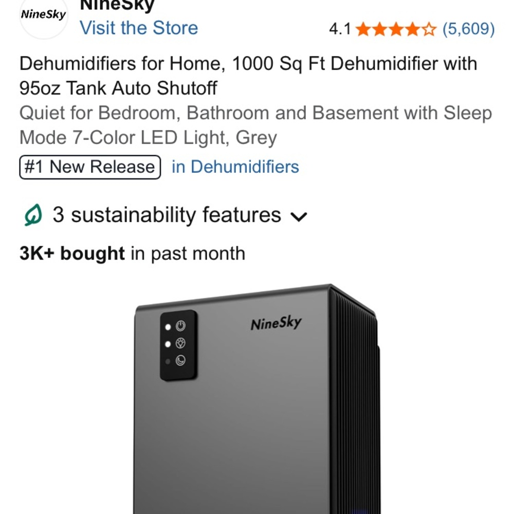 Grey Dehumidifier for Home - Quiet 1000 Sq Ft Coverage